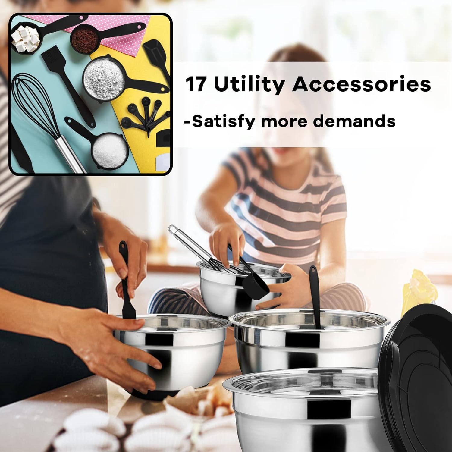 imageEfar Mixing Bowls with Lids Set 23Piece Stainless Steel Nesting Bowls with Black Airtight Lids and NonSlip Bottoms Size 5 3 25 15 1 05QT Great for BakingMixingPreppingServing