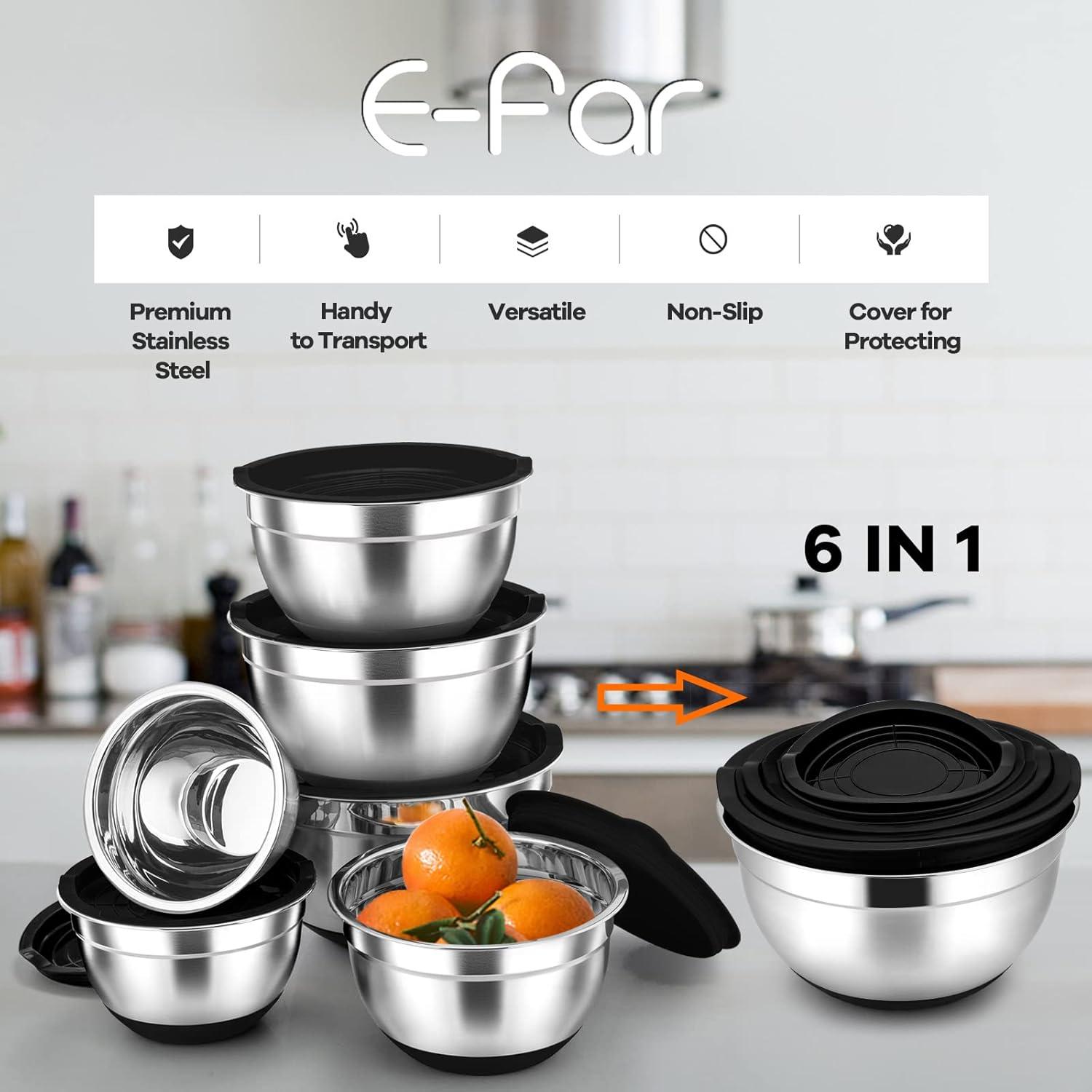 imageEfar Mixing Bowls with Lids Set 23Piece Stainless Steel Nesting Bowls with Black Airtight Lids and NonSlip Bottoms Size 5 3 25 15 1 05QT Great for BakingMixingPreppingServing