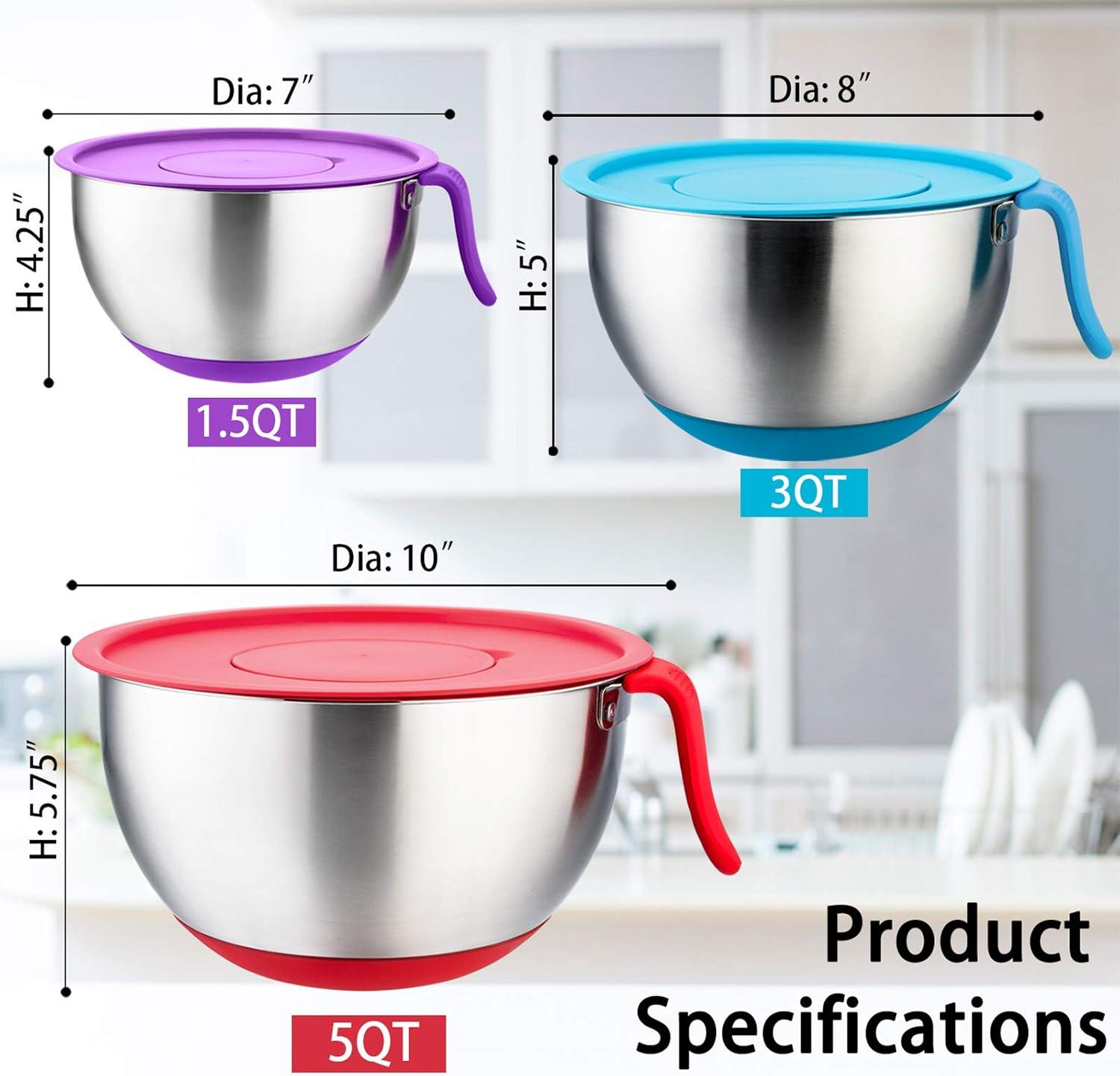 imageEfar Stainless Steel Mixing Bowls with Lids Metal Mixing Bowl Set with 3 Graters Long Handle Pour Spout NonSlip Bottom amp Stackable Great for Cooking Baking Prepping Set of 35315 QT