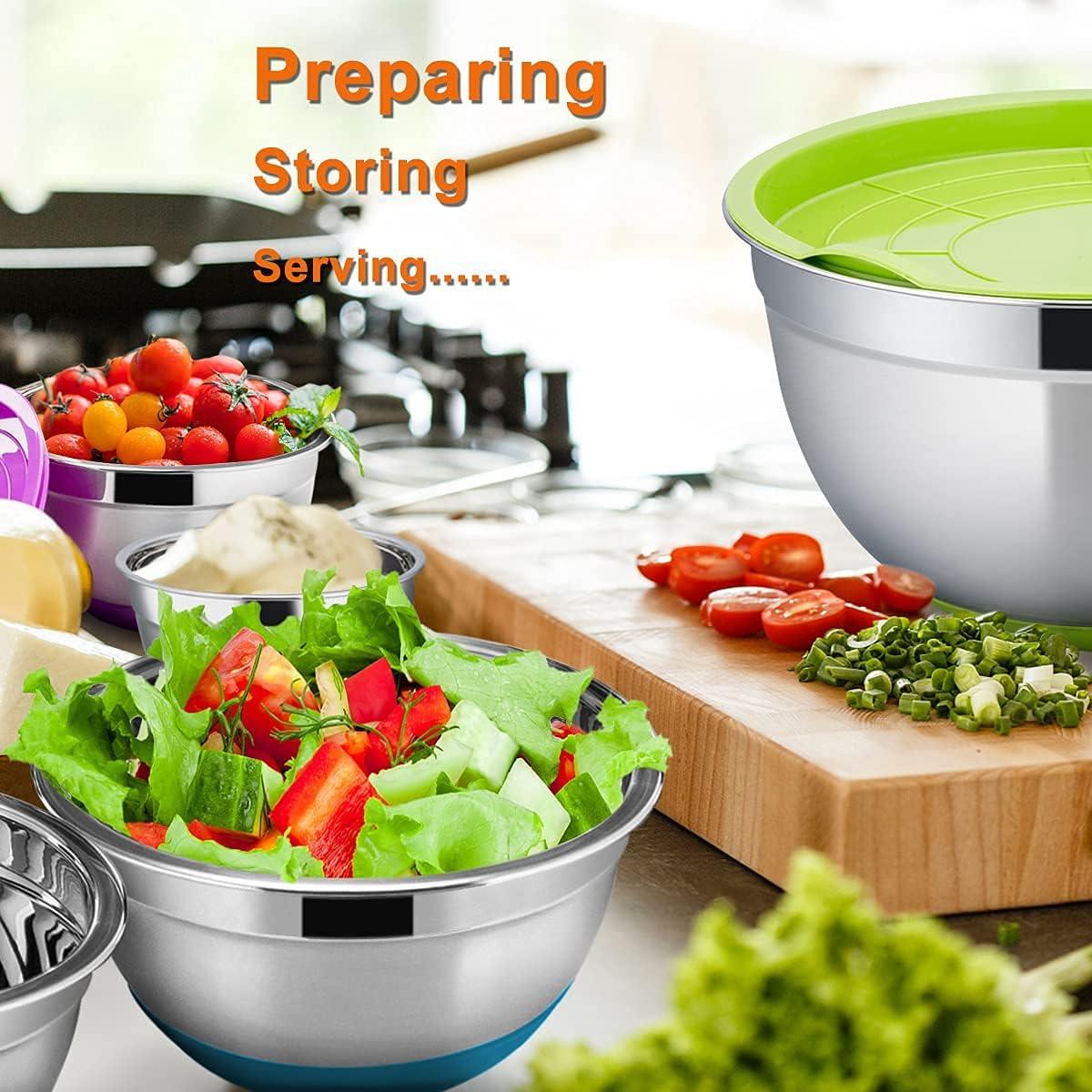 imageMixing Bowls with Lids Set Efar 23Piece Stainless Steel Nesting Mixing Bowls with Colorful Airtight Lid and NonSlip Bottoms Size 5 3 25 15 1 05QT Great for BakingMixingPreppingServing
