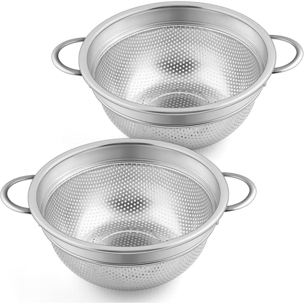 imageColander Set of 2 Efar 3qt Stainless Steel MicroPerforated Colander Small Metal Strainer with Handle for KitchenDraining PastaRinsing Berry Fruits Heavy Duty amp Dishwasher Safe