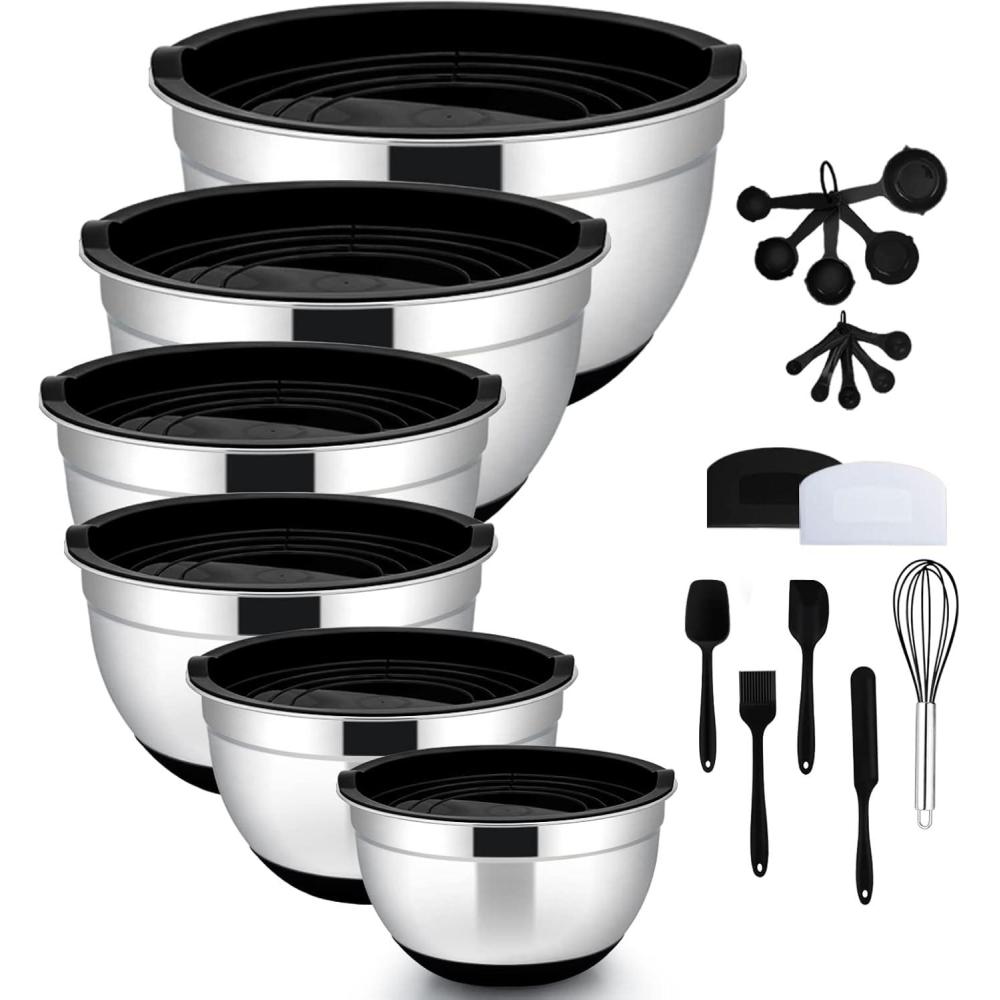 imageEfar Mixing Bowls with Lids Set 23Piece Stainless Steel Nesting Bowls with Black Airtight Lids and NonSlip Bottoms Size 5 3 25 15 1 05QT Great for BakingMixingPreppingServing