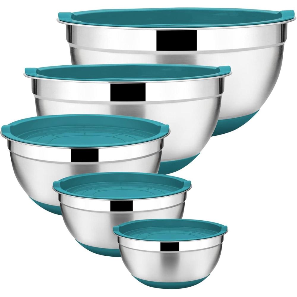 imageEfar Stainless Steel Mixing Bowls Set of 5 Size 73525151 QT Metal Nesting Bowls with Black Airtight Lids amp NonSlip Bottoms Great for Kitchen Cooking Baking Serving Food PrepTeal Blaue