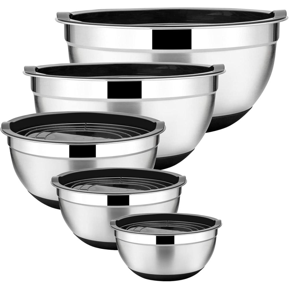 imageEfar Stainless Steel Mixing Bowls Set of 5 Size 73525151 QT Metal Nesting Bowls with Black Airtight Lids amp NonSlip Bottoms Great for Kitchen Cooking Baking Serving Food PrepBlack