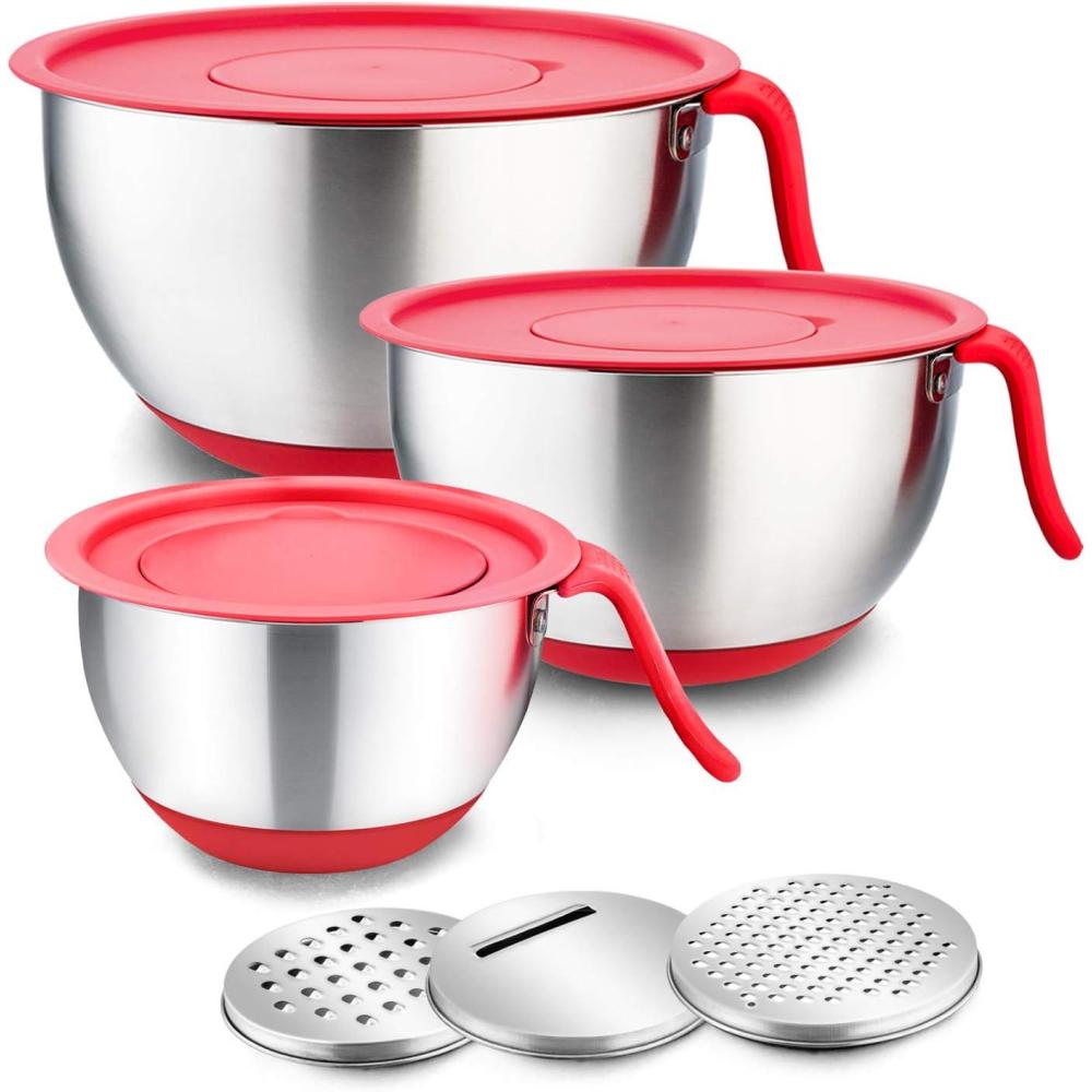 imageEfar Stainless Steel Mixing Bowls with Lids Metal Mixing Bowl Set with 3 Graters Long Handle Pour Spout NonSlip Bottom amp Stackable Great for Cooking Baking Prepping 5315 QT 3 PCSRed