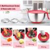 E-far Stainless Steel Mixing Bowls with Lids, Metal Mixing Bowl Set with 3 Graters, Long Handle, Pour Spout, Non-Slip Bottom & Stackable, Great for Cooking, Baking, Prepping, 5/3/1.5 QT – 3 PCS(Red)