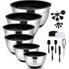 E-far Mixing Bowls with Lids Set, 23-Piece Stainless Steel Nesting Bowls with Black Airtight Lids and Non-Slip Bottoms, Size 5, 3, 2.5, 1.5, 1, 0.5QT, Great for Baking/Mixing/Prepping/Serving
