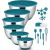 E-far Mixing Bowls with Lids Set, 23-Piece Stainless Steel Nesting Bowls with Blue Airtight Lids and Non-Slip Bottoms, Size 5, 3, 2.5, 1.5, 1, 0.5QT, Great for Baking/Mixing/Prepping/Serving