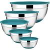 E-far Stainless Steel Mixing Bowls Set of 5, Size 7/3.5/2.5/1.5/1 QT, Metal Nesting Bowls with Black Airtight Lids & Non-Slip Bottoms, Great for Kitchen Cooking, Baking, Serving, Food Prep(Teal Blaue)