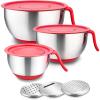 E-far Stainless Steel Mixing Bowls with Lids, Metal Mixing Bowl Set with 3 Graters, Long Handle, Pour Spout, Non-Slip Bottom & Stackable, Great for Cooking, Baking, Prepping, 5/3/1.5 QT – 3 PCS(Red)