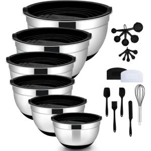 E-far Mixing Bowls with Lids Set, 23-Piece Stainless Steel Nesting Bowls with Black Airtight Lids and Non-Slip Bottoms, Size 5, 3, 2.5, 1.5, 1, 0.5QT, Great for Baking/Mixing/Prepping/Serving