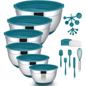 E-far Mixing Bowls with Lids Set, 23-Piece Stainless Steel Nesting Bowls with Blue Airtight Lids and Non-Slip Bottoms, Size 5, 3, 2.5, 1.5, 1, 0.5QT, Great for Baking/Mixing/Prepping/Serving