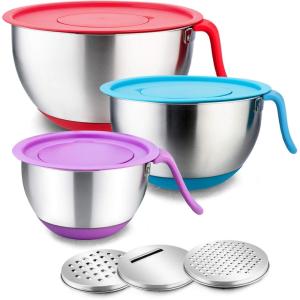E-far Stainless Steel Mixing Bowls with Lids, Metal Mixing Bowl Set with 3 Graters, Long Handle, Pour Spout, Non-Slip Bottom & Stackable, Great for Cooking, Baking, Prepping, Set of 3-5/3/1.5 QT