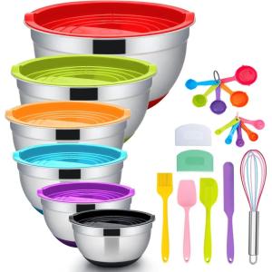 Mixing Bowls with Lids Set, E-far 23-Piece Stainless Steel Nesting Mixing Bowls with Colorful Airtight Lid and Non-Slip Bottoms, Size 5, 3, 2.5, 1.5, 1, 0.5QT, Great for Baking/Mixing/Prepping/Serving