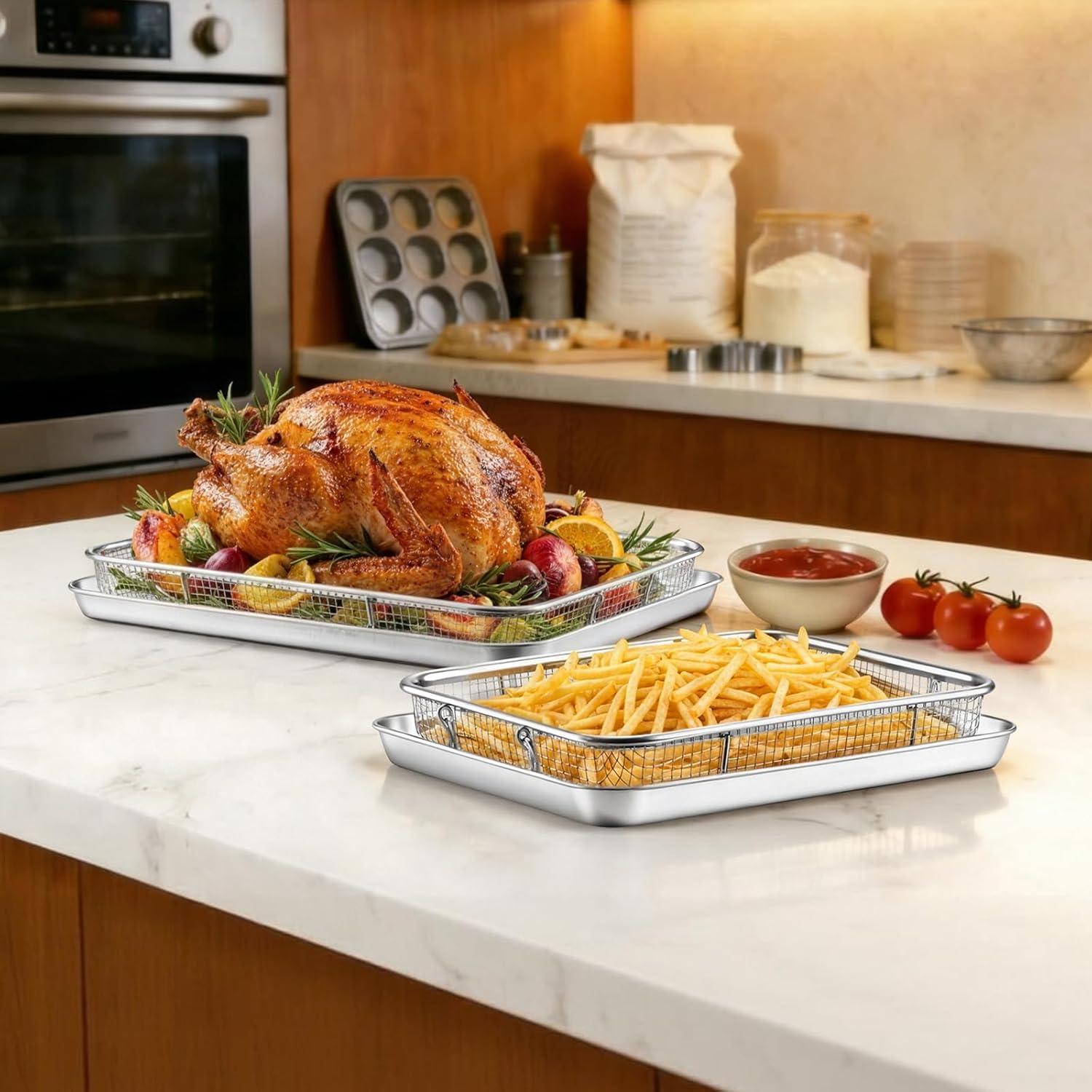 imageEfar Air Fryer Basket for Oven Large 16 x 12 Stainless Steel Air Fryer Pan and Crisper Tray Air Fryer Rack with Baking Pan for Crisper Foods Frying Baking Roasting Dishwasher Safe4
