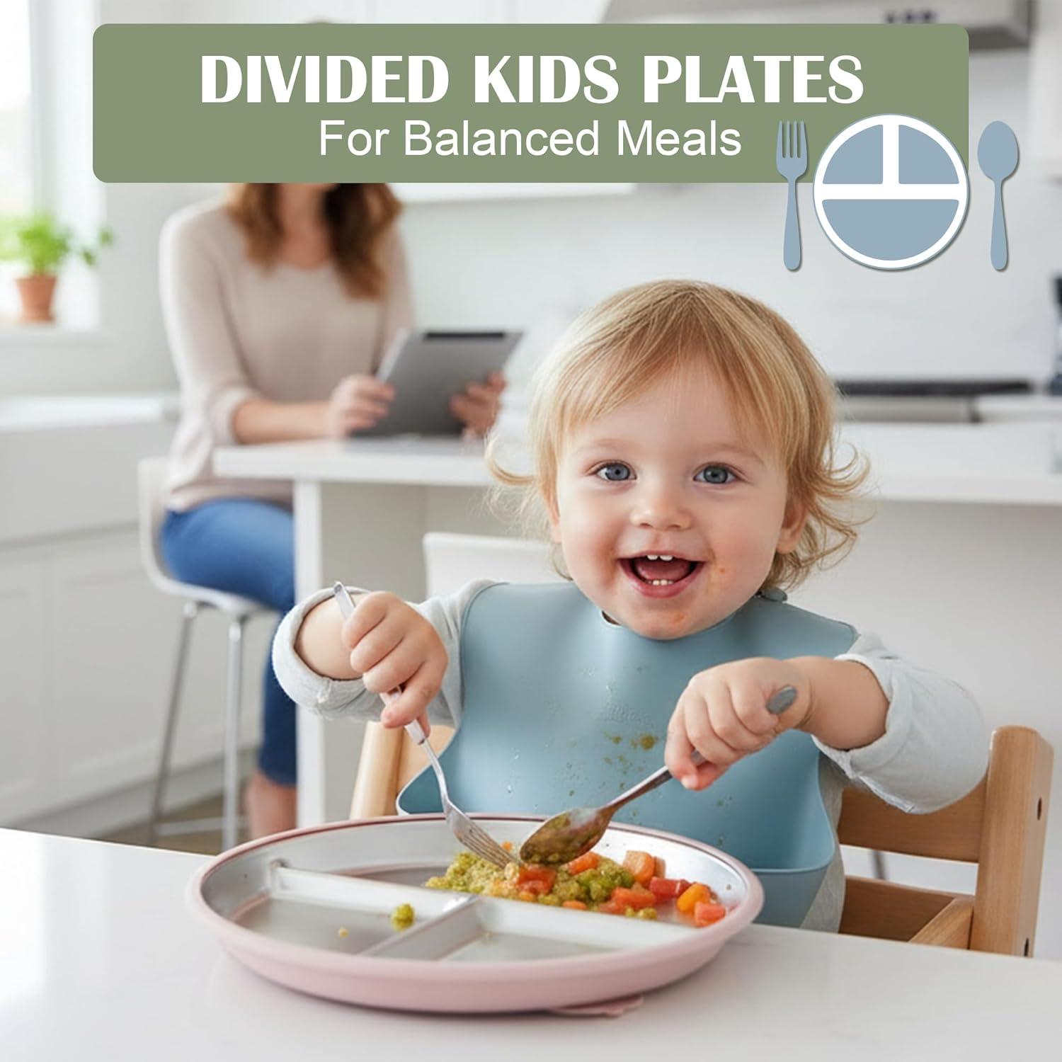 imageEfar Stainless Steel Toddler Plates with Suction 9 Kids Plates 4Pack Divided Unbreakable amp NonSlip Baby Dishes with Removable Silicone Sleeves Dishwasher Safe