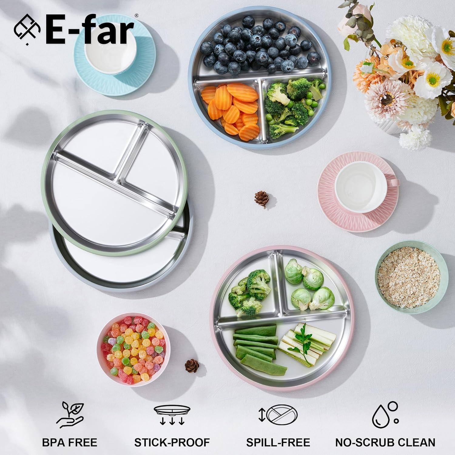 imageEfar Stainless Steel Toddler Plates with Suction 9 Kids Plates 4Pack Divided Unbreakable amp NonSlip Baby Dishes with Removable Silicone Sleeves Dishwasher Safe