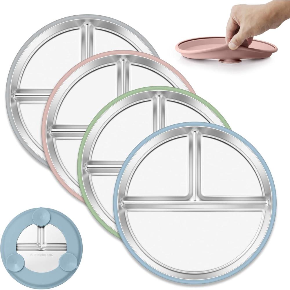 imageEfar Stainless Steel Toddler Plates with Suction  9 Kids Plates 4Pack Divided Unbreakable amp NonSlip Baby Dishes with Removable Silicone Sleeves Dishwasher Safe