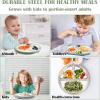 E-far Stainless Steel Toddler Plates with Suction – 9″ Kids Plates, 4-Pack Divided Unbreakable & Non-Slip Baby Dishes with Removable Silicone Sleeves, Dishwasher Safe