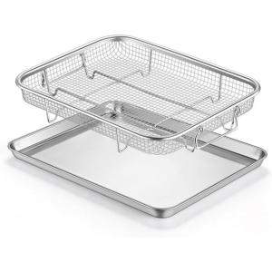 E-far Air Fryer Basket for Oven, Large 16” x 12” Stainless Steel Air Fryer Pan and Crisper Tray, Air Fryer Rack with Baking Pan for Crisper Foods Frying Baking Roasting, Dishwasher Safe(2)