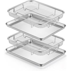 E-far Air Fryer Basket for Oven, Large 16” x 12” Stainless Steel Air Fryer Pan and Crisper Tray, Air Fryer Rack with Baking Pan for Crisper Foods Frying Baking Roasting, Dishwasher Safe(4)