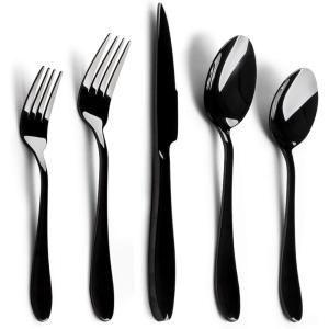E-far Silverware Set Copper Color Service for 4, 20 Piece Brass Gold Stainless Steel Flatware Cutlery Set, Perfect for Wedding/Party/Restaurant/Hotel, Mirror Polished & Dishwasher Safe(Black – Streamlined Handle)