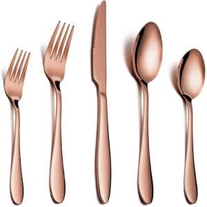 E-far Silverware Set Copper Color Service for 4, 20 Piece Brass Gold Stainless Steel Flatware Cutlery Set, Perfect for Wedding/Party/Restaurant/Hotel, Mirror Polished & Dishwasher Safe(Copper – Streamlined Handle)