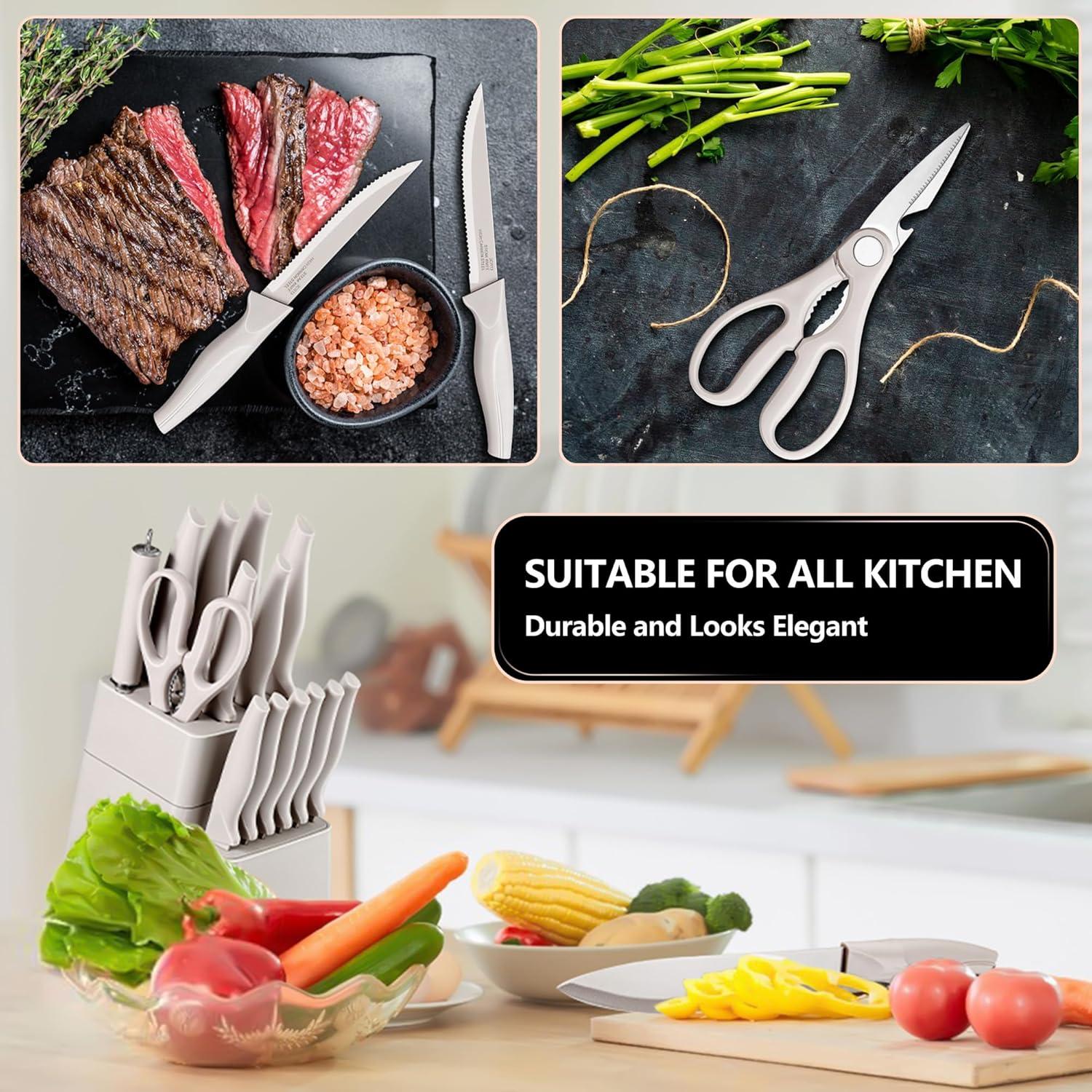 imageEfar Knife Set with Block 15 Pieces Kitchen Knife Block Set with Sharpener High Carbon Stainless Steel Sharp Chef Knife Set with Ergonomic Handles Anti Rust WhiteKhaki