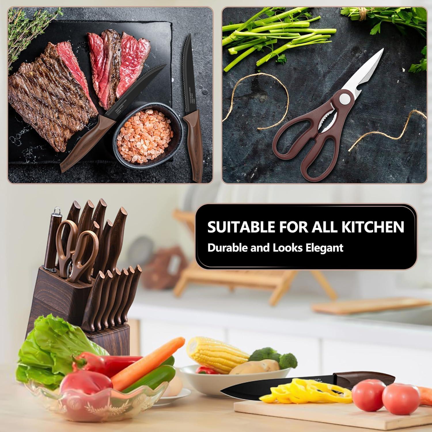 imageEfar Knife Set with Block 15 Pieces Kitchen Knife Block Set with Sharpener High Carbon Stainless Steel Sharp Chef Knife Set with Ergonomic Handles Anti Rust WhiteWalnut