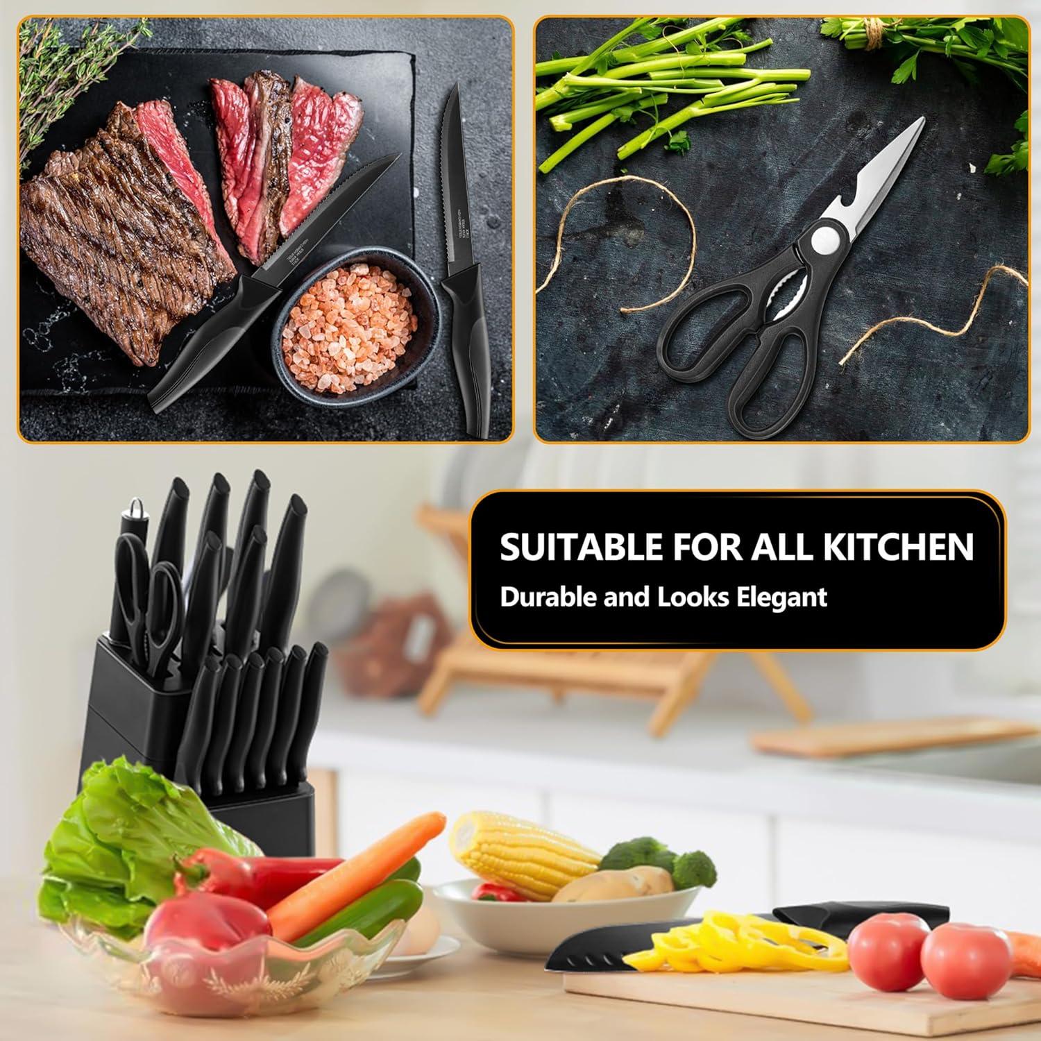 imageEfar Knife Set with Block 15 Pieces Kitchen Knife Block Set with Sharpener High Carbon Stainless Steel Sharp Chef Knife Set with Ergonomic Handles Anti Rust WhiteBlack