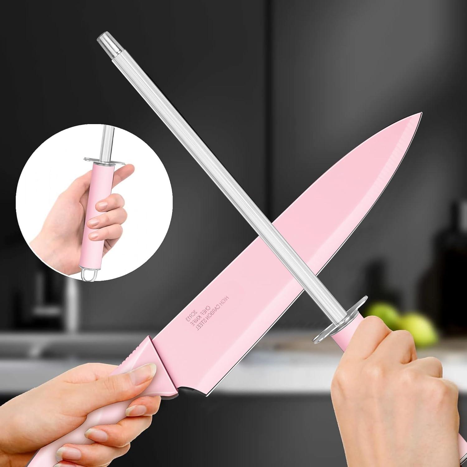 imageEfar Knife Set with Block 15 Pieces Kitchen Knife Block Set with Sharpener High Carbon Stainless Steel Sharp Chef Knife Set with Ergonomic Handles Anti Rust WhitePink