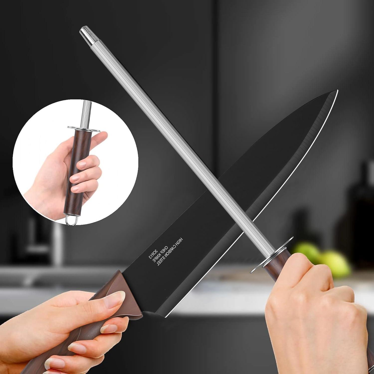 imageEfar Knife Set with Block 15 Pieces Kitchen Knife Block Set with Sharpener High Carbon Stainless Steel Sharp Chef Knife Set with Ergonomic Handles Anti Rust WhiteWalnut