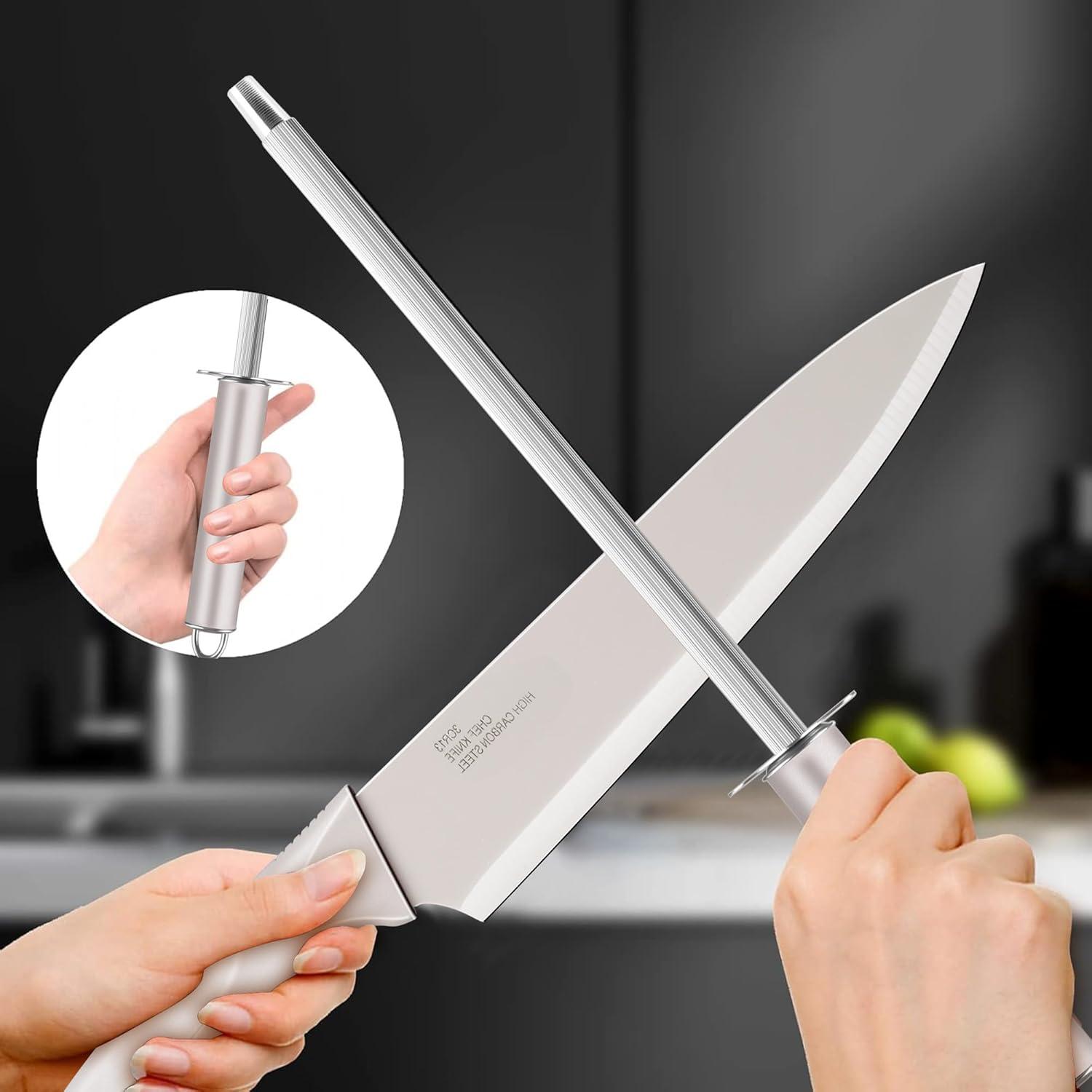 imageEfar Knife Set with Block 15 Pieces Kitchen Knife Block Set with Sharpener High Carbon Stainless Steel Sharp Chef Knife Set with Ergonomic Handles Anti Rust WhiteKhaki