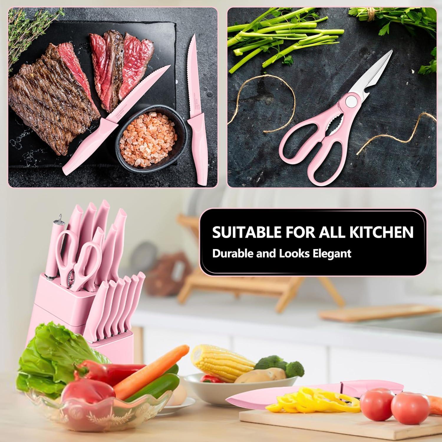 imageEfar Knife Set with Block 15 Pieces Kitchen Knife Block Set with Sharpener High Carbon Stainless Steel Sharp Chef Knife Set with Ergonomic Handles Anti Rust WhitePink