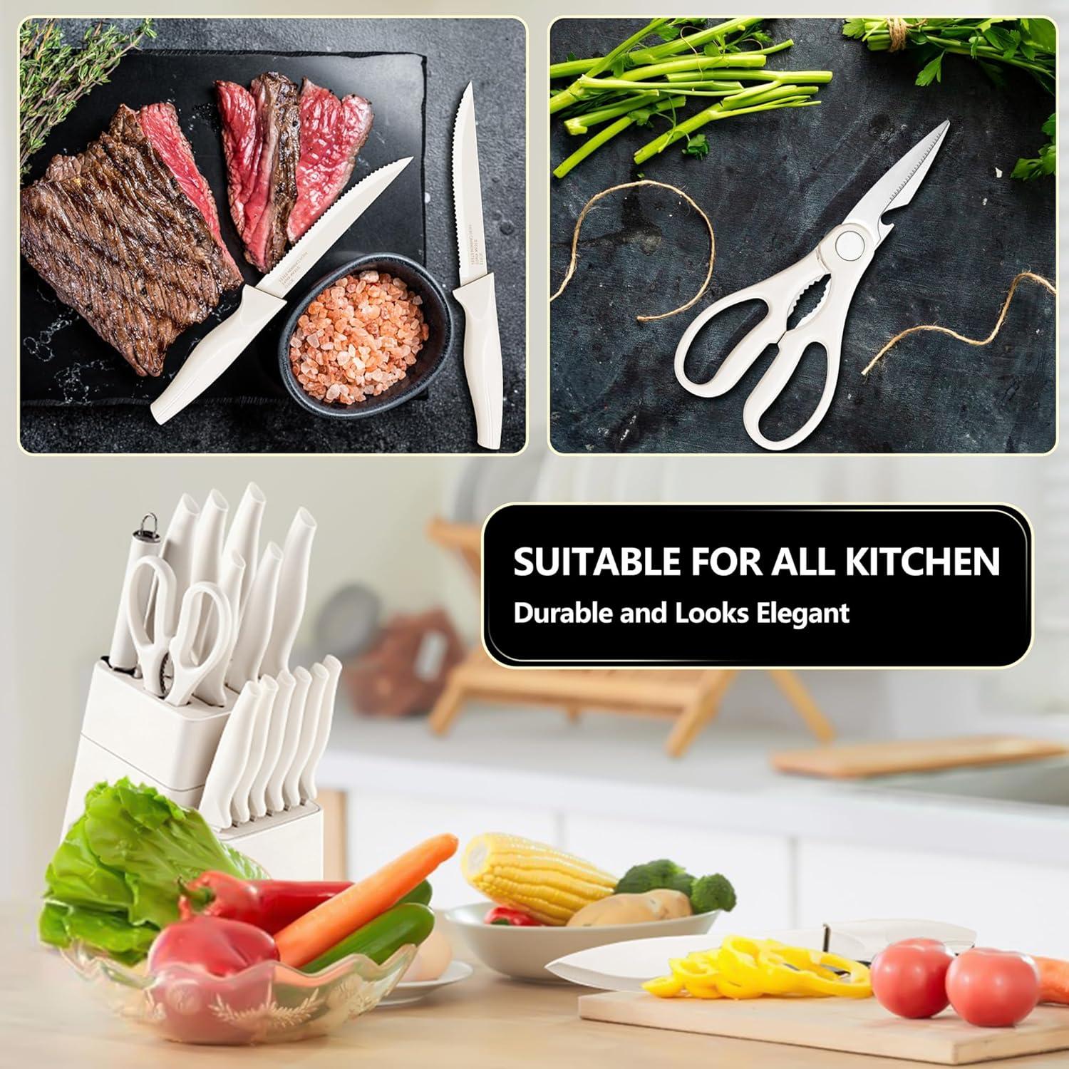imageEfar Knife Set with Block 15 Pieces Kitchen Knife Block Set with Sharpener High Carbon Stainless Steel Sharp Chef Knife Set with Ergonomic Handles Anti Rust WhiteWhite