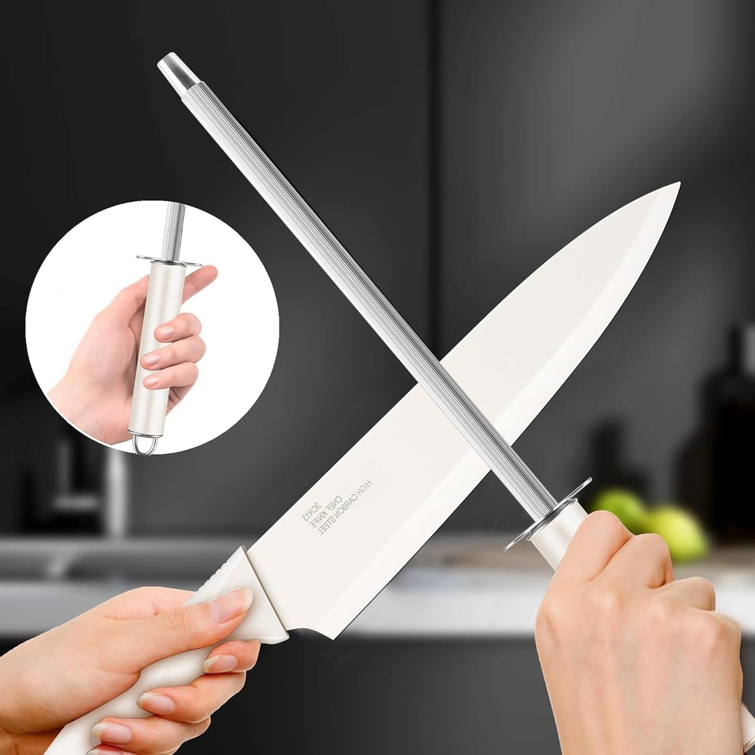imageEfar Knife Set with Block 15 Pieces Kitchen Knife Block Set with Sharpener High Carbon Stainless Steel Sharp Chef Knife Set with Ergonomic Handles Anti Rust WhiteWhite