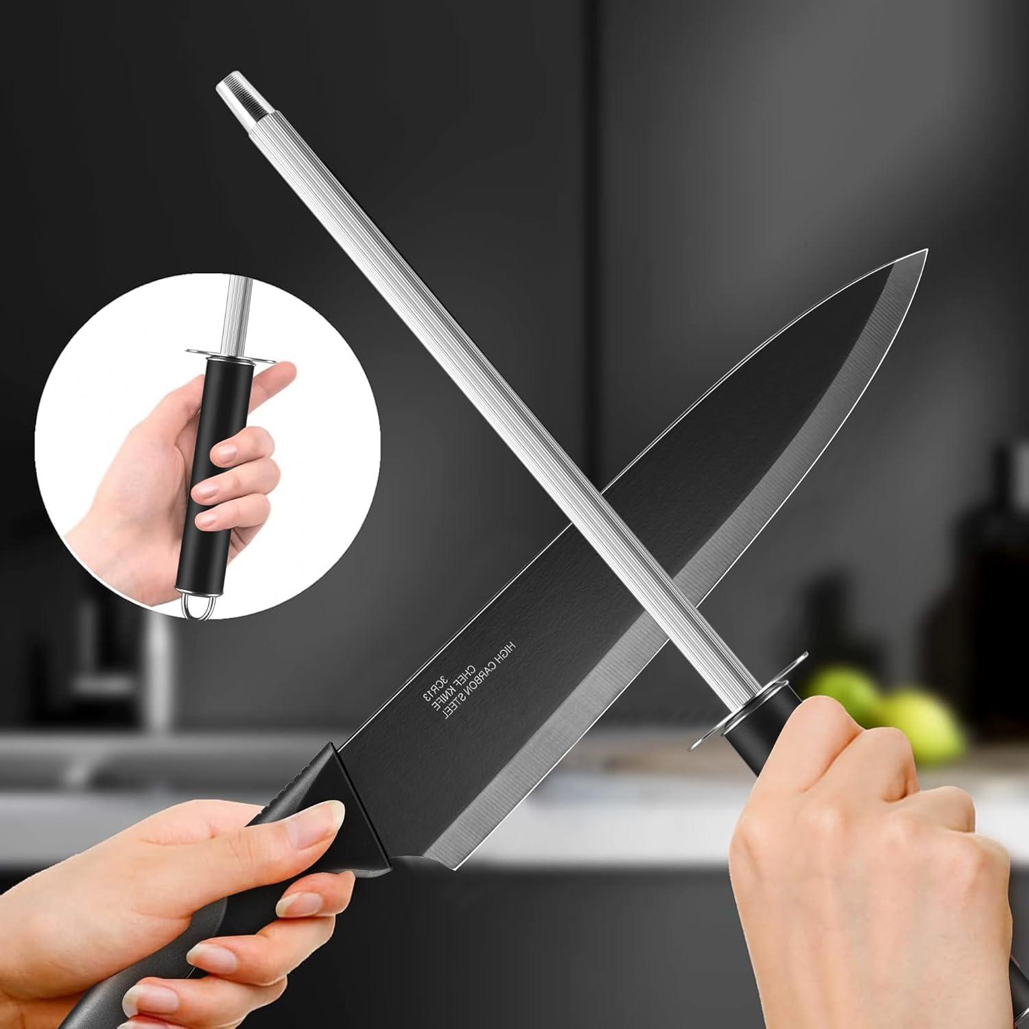 imageEfar Knife Set with Block 15 Pieces Kitchen Knife Block Set with Sharpener High Carbon Stainless Steel Sharp Chef Knife Set with Ergonomic Handles Anti Rust WhiteBlack