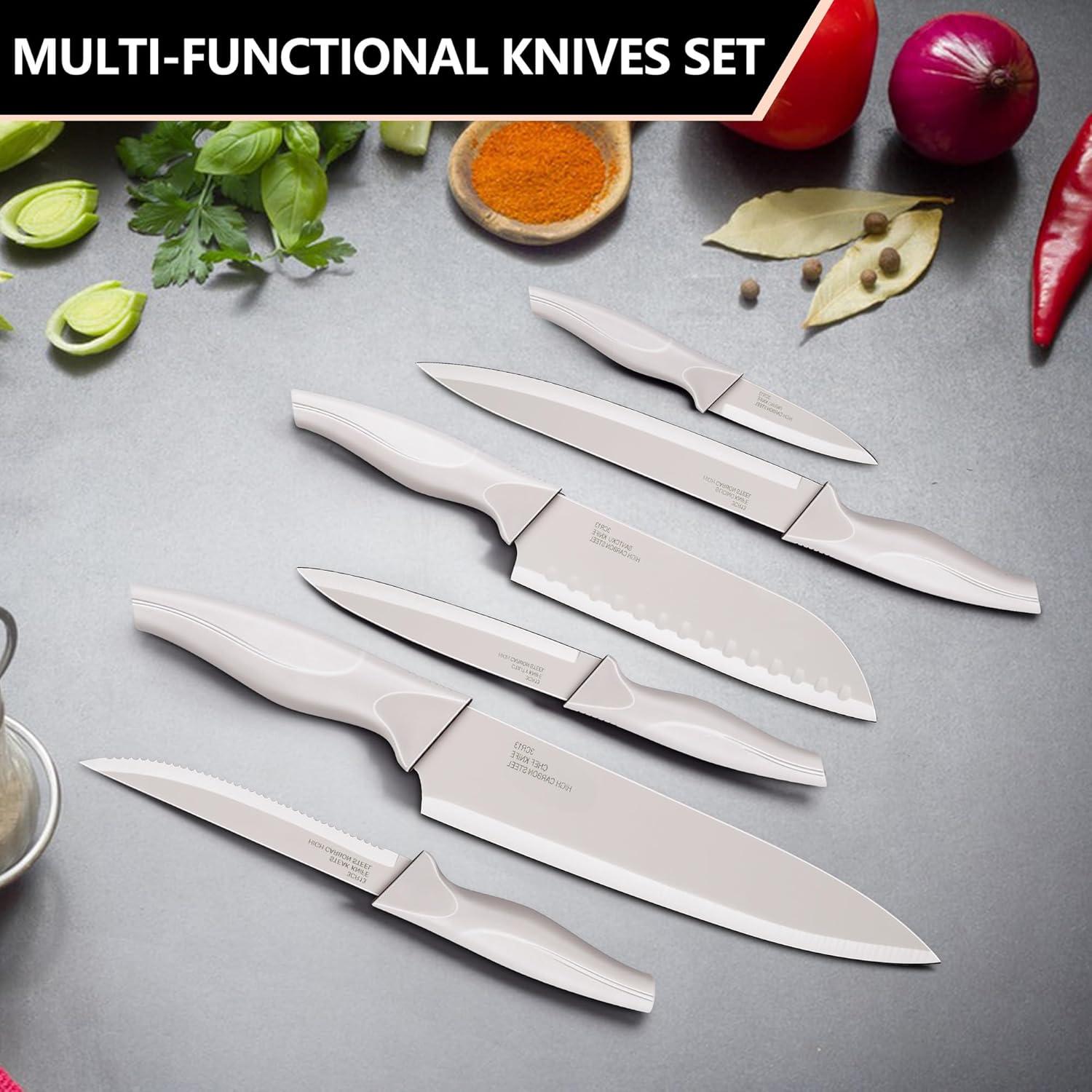 imageEfar Knife Set with Block 15 Pieces Kitchen Knife Block Set with Sharpener High Carbon Stainless Steel Sharp Chef Knife Set with Ergonomic Handles Anti Rust WhiteKhaki