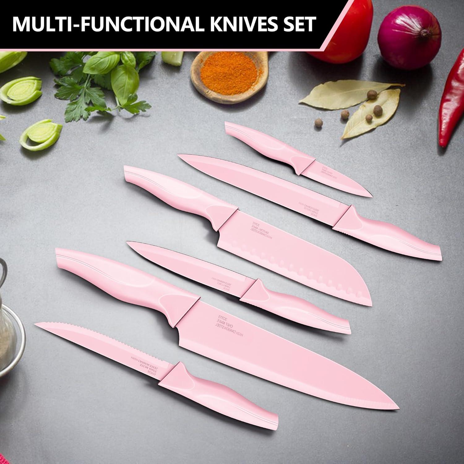imageEfar Knife Set with Block 15 Pieces Kitchen Knife Block Set with Sharpener High Carbon Stainless Steel Sharp Chef Knife Set with Ergonomic Handles Anti Rust WhitePink