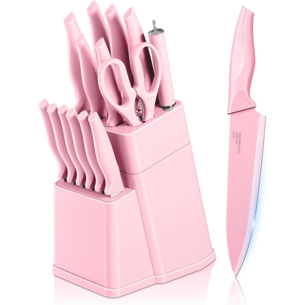 imageEfar Knife Set with Block 15 Pieces Kitchen Knife Block Set with Sharpener High Carbon Stainless Steel Sharp Chef Knife Set with Ergonomic Handles Anti Rust WhitePink