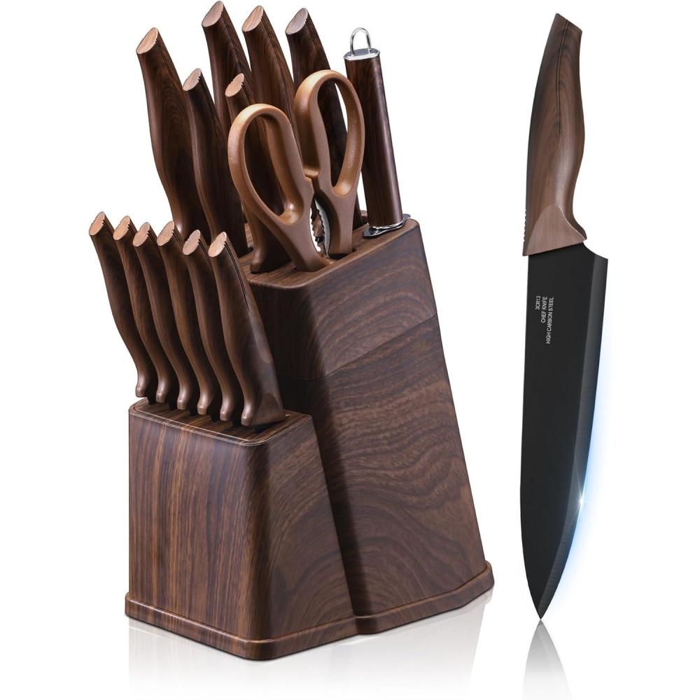 imageEfar Knife Set with Block 15 Pieces Kitchen Knife Block Set with Sharpener High Carbon Stainless Steel Sharp Chef Knife Set with Ergonomic Handles Anti Rust WhiteWalnut
