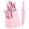 E-far Knife Set with Block, 15 Pieces Kitchen Knife Block Set with Sharpener, High Carbon Stainless Steel Sharp Chef Knife Set with Ergonomic Handles, Anti Rust, White(Pink)