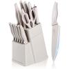 E-far Knife Set with Block, 15 Pieces Kitchen Knife Block Set with Sharpener, High Carbon Stainless Steel Sharp Chef Knife Set with Ergonomic Handles, Anti Rust, White(Khaki)