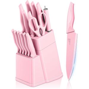 E-far Knife Set with Block, 15 Pieces Kitchen Knife Block Set with Sharpener, High Carbon Stainless Steel Sharp Chef Knife Set with Ergonomic Handles, Anti Rust, White(Pink)