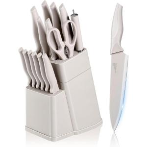 E-far Knife Set with Block, 15 Pieces Kitchen Knife Block Set with Sharpener, High Carbon Stainless Steel Sharp Chef Knife Set with Ergonomic Handles, Anti Rust, White(Khaki)