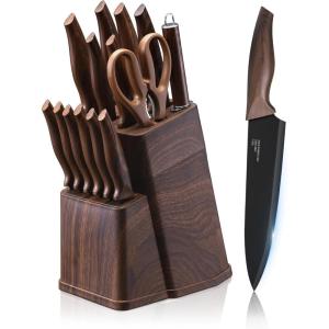 E-far Knife Set with Block, 15 Pieces Kitchen Knife Block Set with Sharpener, High Carbon Stainless Steel Sharp Chef Knife Set with Ergonomic Handles, Anti Rust, White(Walnut)