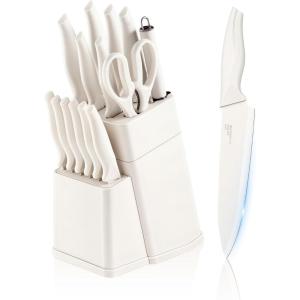 E-far Knife Set with Block, 15 Pieces Kitchen Knife Block Set with Sharpener, High Carbon Stainless Steel Sharp Chef Knife Set with Ergonomic Handles, Anti Rust, White(White)