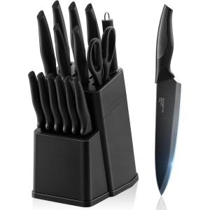 E-far Knife Set with Block, 15 Pieces Kitchen Knife Block Set with Sharpener, High Carbon Stainless Steel Sharp Chef Knife Set with Ergonomic Handles, Anti Rust, White(Black)