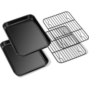 E-far Nonstick Baking Sheet with Rack Set, 16 x 12 x 1 Inch Cookie Sheet Baking Pans with Cooling Racks, Warp Resistant & Heavy-Duty, Non-Toxic & Easy Clean (2 Pans + 2 Racks)(9”x7”x1”)