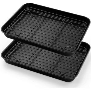 E-far Nonstick Baking Sheet with Rack Set, 16 x 12 x 1 Inch Cookie Sheet Baking Pans with Cooling Racks, Warp Resistant & Heavy-Duty, Non-Toxic & Easy Clean (2 Pans + 2 Racks)(10.5”x8”x1”)